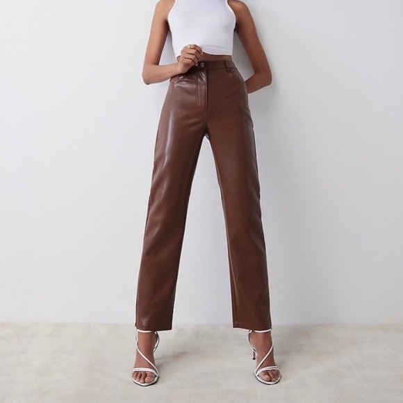 Aritzia Pants - Aritzia Wilfred Melina Faux Leather Brown Straight Leg Trouser Pant